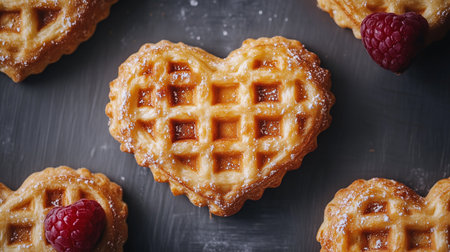 heart shaped waffles with raspberries and powdered sugar on a dark surface, a sweet and delicious treatの素材