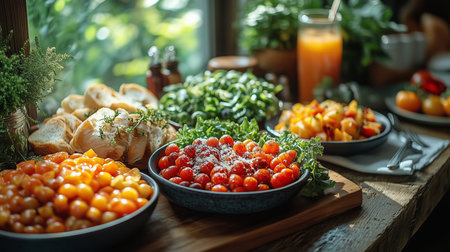 a delicious and healthy buffet of fresh salads breads and juice on a rustic wooden table in bright lightの素材