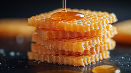 a close up shot of stacked honeycomb with honey being drizzled on top of it, against a dark backgroundの素材