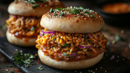 two burgers with sesame seeds and herbs on a dark surface, a culinary delight for food enthusiastsの素材