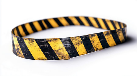a yellow and black striped tape is slightly curved on a plain white surface in a studio shot closeupの素材