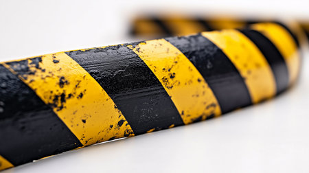 a close up of a worn black and yellow striped safety barrier against a bright white clean backgroundの素材