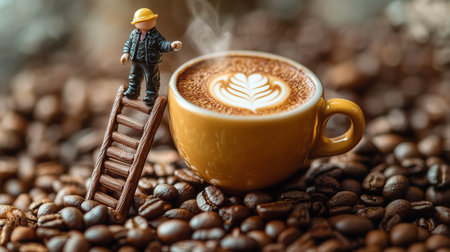 a miniature worker climbs a ladder to a coffee cup surrounded by coffee beans in a detailed still lifeの素材