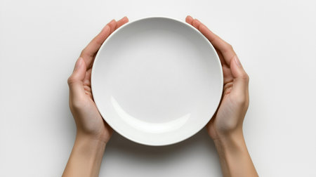 two hands are holding a white plate on a white background in a studio setting with a top down viewの素材