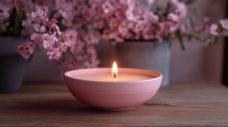 a close up of a pink bowl candle with a flame and pink flowers in the background on a wooden surfaceの素材