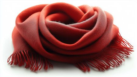 a close up shot of a luxurious red scarf, softly folded and arranged with visible fringe details at the edgeの素材