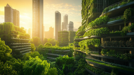a futuristic city with buildings covered in lush greenery, bathed in the warm light of the rising sunの素材