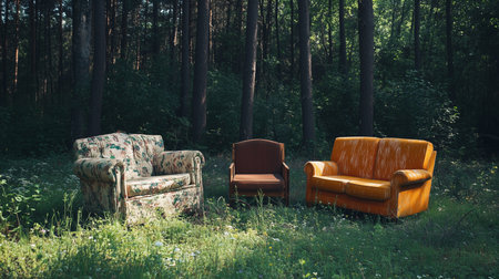 three sofas are placed in a forest clearing with tall trees and green grass on a sunny day outdoorsの素材
