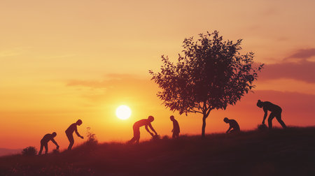 silhouettes of people planting trees on a hill during sunset with a beautiful orange and yellow sky viewの素材