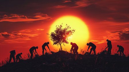 a group of silhouetted figures working on a hill with a tree against a vibrant sunset background sceneの素材