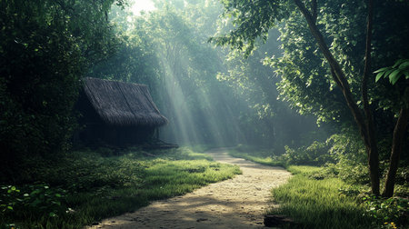 a path leads to a thatched roof hut in a forest with sunlight filtering through the trees and green foliageの素材