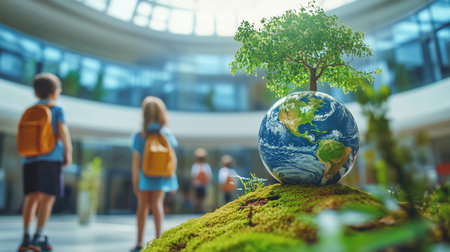 a globe with a tree on top of moss with children in the background in an indoor environment, focused on earthの素材