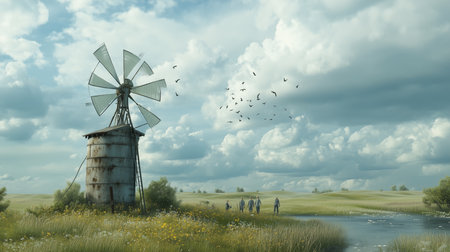 a windmill in a field with birds flying overhead and people walking in the distance under a cloudy skyの素材