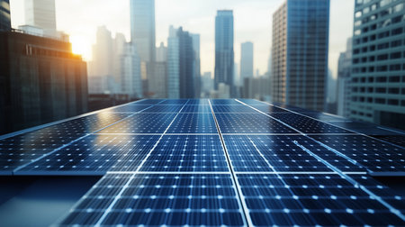 solar panels on a rooftop with city buildings in the background during a sunny day at sunset timeの素材