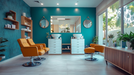 a modern salon interior featuring orange chairs, teal walls, a large mirror, and plants on the window sillの素材
