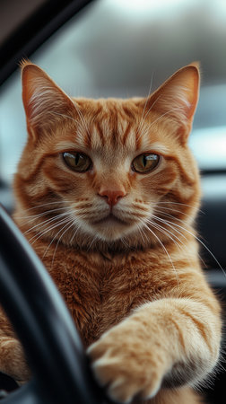 a ginger cat with a serious expression is holding a car steering wheel and looking at the camera indoorsの素材