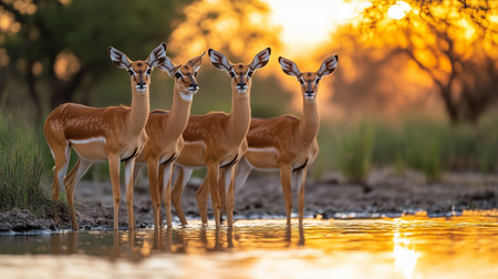 Serene group of gazelles standing in shallow water at sunset, exuding tranquility and wild beauty in their natural habitat.の素材