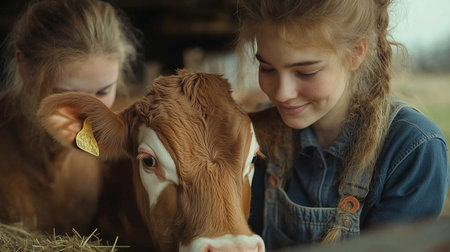 A young woman with charming pigtails and her companion are depicted in a cozy barn, attentively observing a brown cow. Their expressions convey a sense of gentle care and interest in the animal, highlighting a loving interaction within the farm environment. The scene is rich with the natural textures of hay, underscoring the authentic and rustic aspects of farm life and animal husbandry.の素材