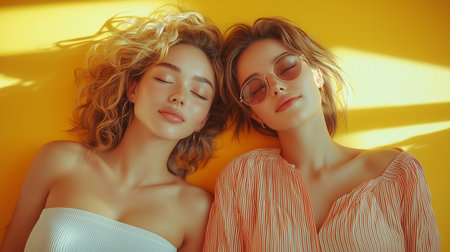 Two young women enjoy a peaceful moment together in warm sunny light, exuding happiness and friendship.の素材