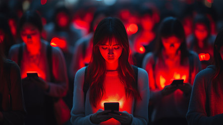 Woman focused on smartphone in a sea of people with red glowの素材