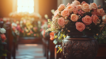 Elegant pink roses bouquet on a decorative stand in a church aisle during a wedding ceremony, capturing the romantic atmosphere and beautiful floral decorations.の素材