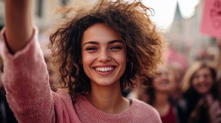 Smiling young woman takes a selfie with friends at a protest or rally, exuding joy and empowerment in a lively, vibrant atmosphere.の素材
