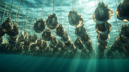 Sustainable oyster cultivation in an underwater aquaculture farm with sunlight filtering through the waterの素材