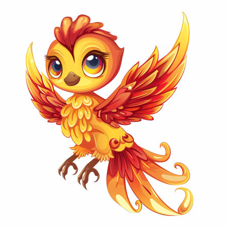 A cartoon phoenix with vibrant orange and yellow feathers is flying in mid-air with its wings spread wide.の素材