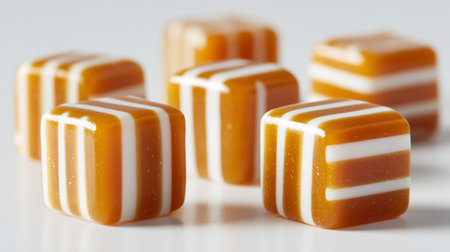 A close-up view of several caramel candies with white stripes on a plain surfaceの素材