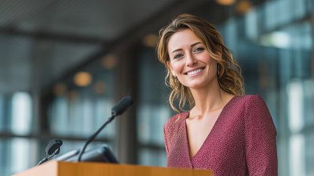 A confident businesswoman standing at a podium with a microphone, smiling and looking directly at the camera in a modern conference roomの素材