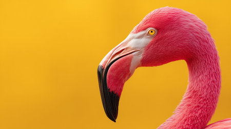 A close-up of a pink flamingo's head against a vibrant yellow backgroundの素材