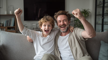 A happy father and son sitting on a couch with their fists raised in excitementの素材