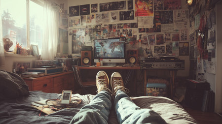 A person relaxing on a bed in a cozy bedroom with a computer and recordsの素材