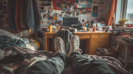 A person relaxing on a bed in a cluttered bedroom with a desk and computer in the backgroundの素材