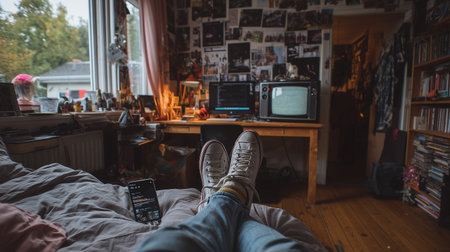 A person relaxing in a cozy bedroom with their feet on the bed and a phone nearbyの素材