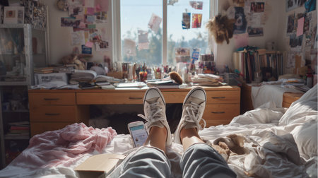 A person relaxing in a cozy bedroom with a cluttered desk and bedの素材