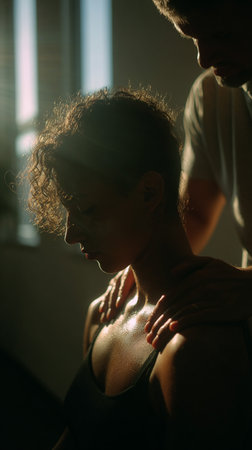 A man gently touches a woman's shoulder in a dimly lit room with natural lightの素材