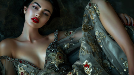 A beautiful woman wearing an elegant dress with intricate designs and red lipsの素材