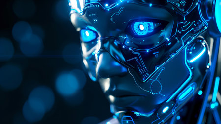 A close-up of a futuristic robotic face with glowing blue circuits and wiresの素材