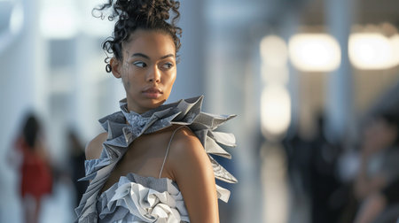 A young woman in a stylish outfit posing in a blurred backgroundの素材