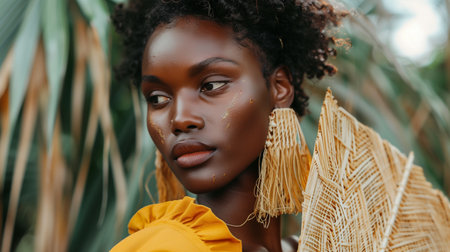 A beautiful woman with dark skin and curly hair wearing yellow earrings and a yellow top standing in front of green and brown leavesの素材