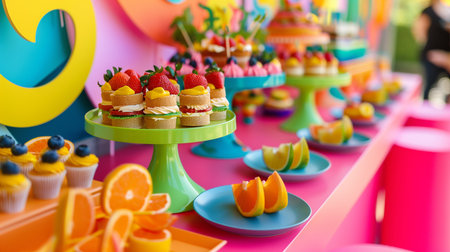 A vibrant and colorful dessert table with various sweet treats and fruitsの素材