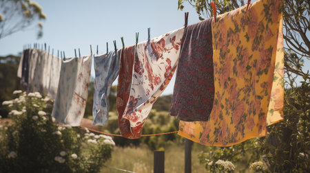 A clothesline with colorful laundry hanging to dry in a serene outdoor settingの素材