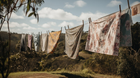 A serene landscape of laundry hanging on a clothesline in a natural outdoor settingの素材