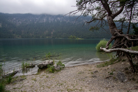 beautiful lake view to eibsee and zugspitze, bavarian landmark