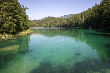 beautiful lake view to eibsee and zugspitze, bavarian landmarkの写真素材