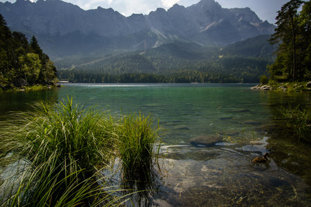 beautiful lake view to eibsee and zugspitze, bavarian landmarkの写真素材