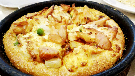 Delicious sausage pizza italian food backgroundsの写真素材