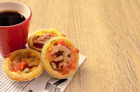 Egg tart pizza circle and coffee cup concept