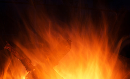 Wooden fire with coals burning on a dark backgroundの写真素材